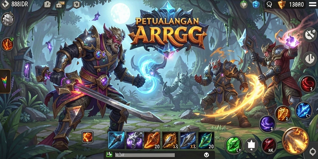 Tangkapan layar gameplay 888IDR menampilkan pertarungan seru di dunia fantasi.