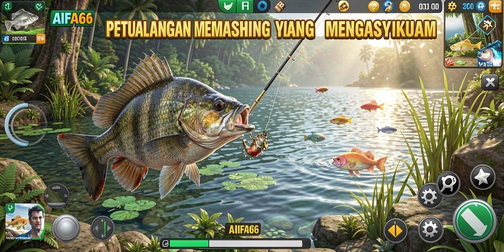 Screenshot utama AIFA66 menampilkan momen menangkap ikan di lokasi yang indah.