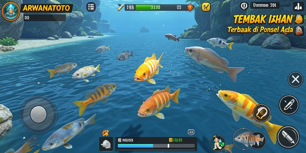 Screenshot gameplay ARWANATOTO menampilkan aksi seru menangkap ikan.