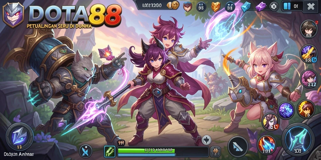 Tampilan screenshot utama DOTA88 menampilkan karakter anime dalam pertempuran seru.
