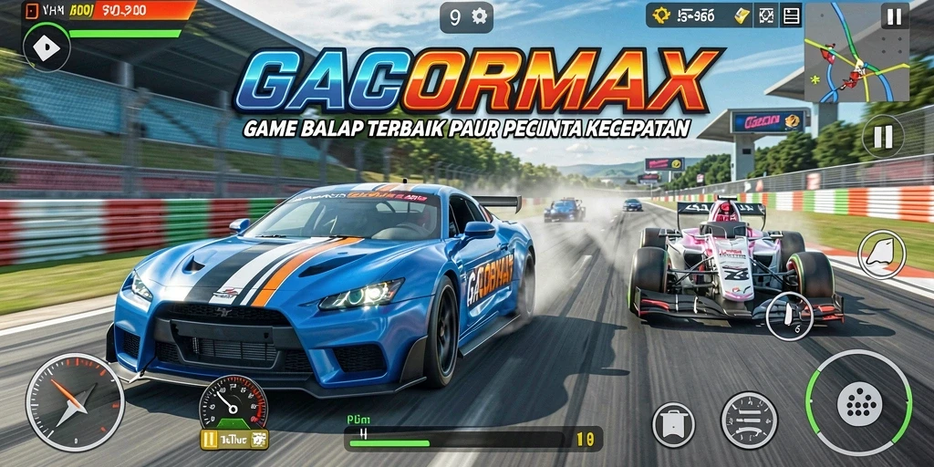 Screenshot utama GACORMAX menampilkan aksi balapan penuh kecepatan.