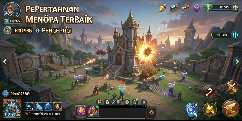 Screenshot menampilkan pertarungan Tower Defense yang intens di HOT985.