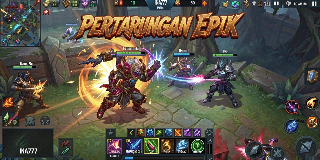 Tangkapan layar gameplay menegangkan di arena pertarungan MOBA.