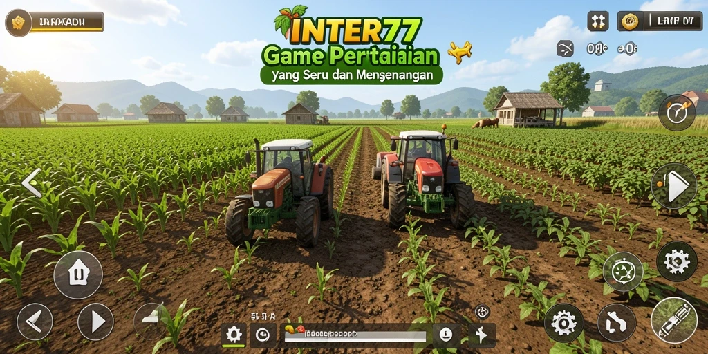 Tampilan gameplay INTER77 dengan kebun penuh tanaman dan hewan.