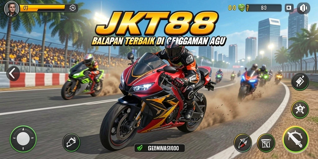 Gameplay seru JKT88 dengan motor balap yang cepat.