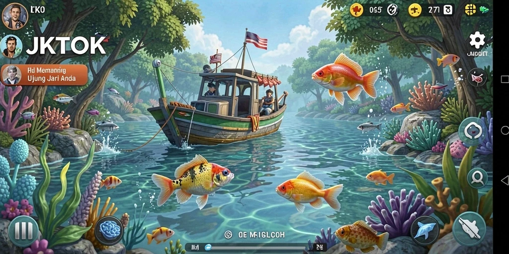 Tampilan gameplay JKTOK yang seru saat memancing ikan.