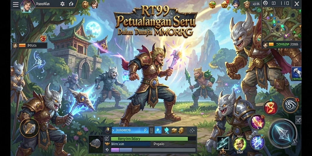 Tampilan gameplay RT99 menampilkan pertarungan epik dalam dunia fantasi MMORPG.