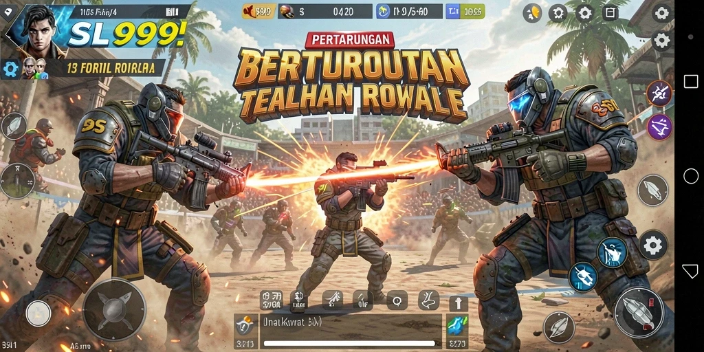 Tangkapan layar permainan SL999 memperlihatkan duel seru dalam mode Battle Royale.