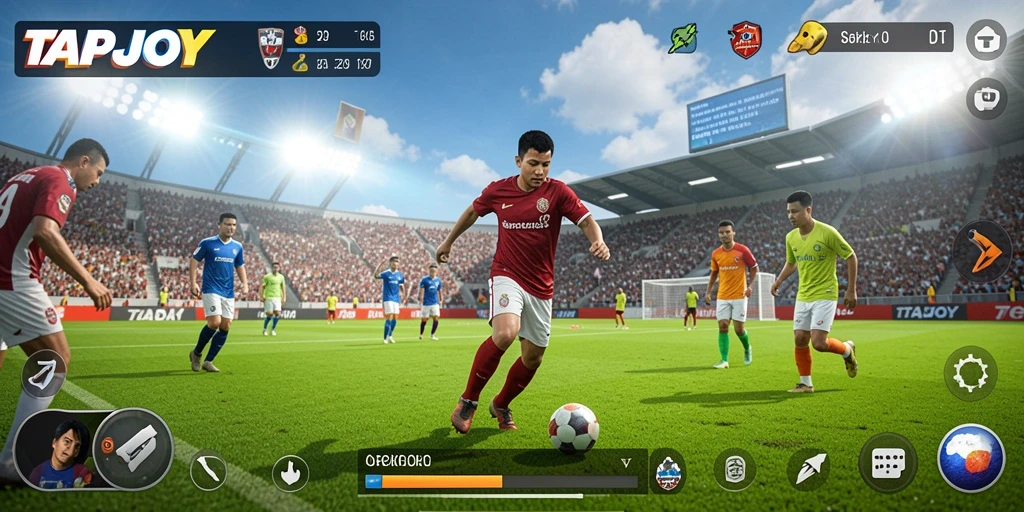 Tampilan gameplay seru TAPJOY saat pertandingan sepak bola.