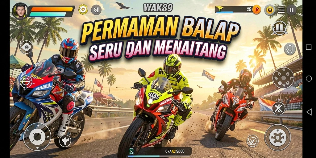 Screenshot gameplay WAK89 menampilkan balapan yang mendebarkan dan grafis yang menakjubkan.